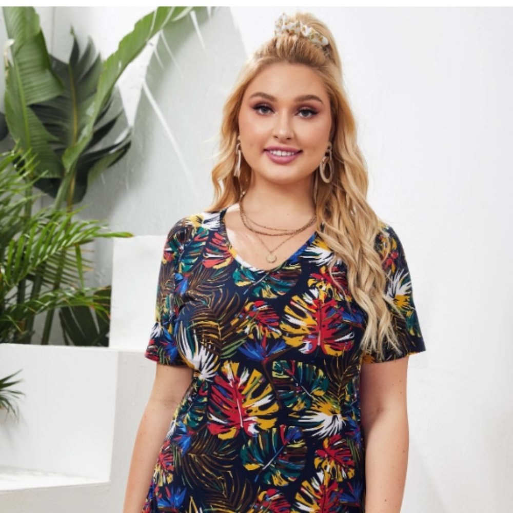 SHEIN Plus Tropical Print Fitted Dress